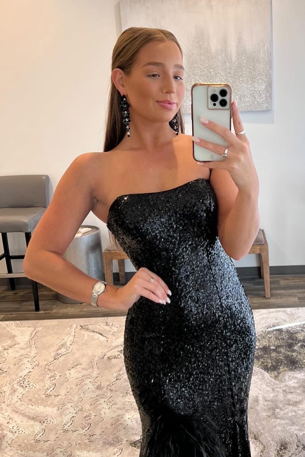 Black Sequined Mermaid Prom Dress with Feathers Strapless Long Gown