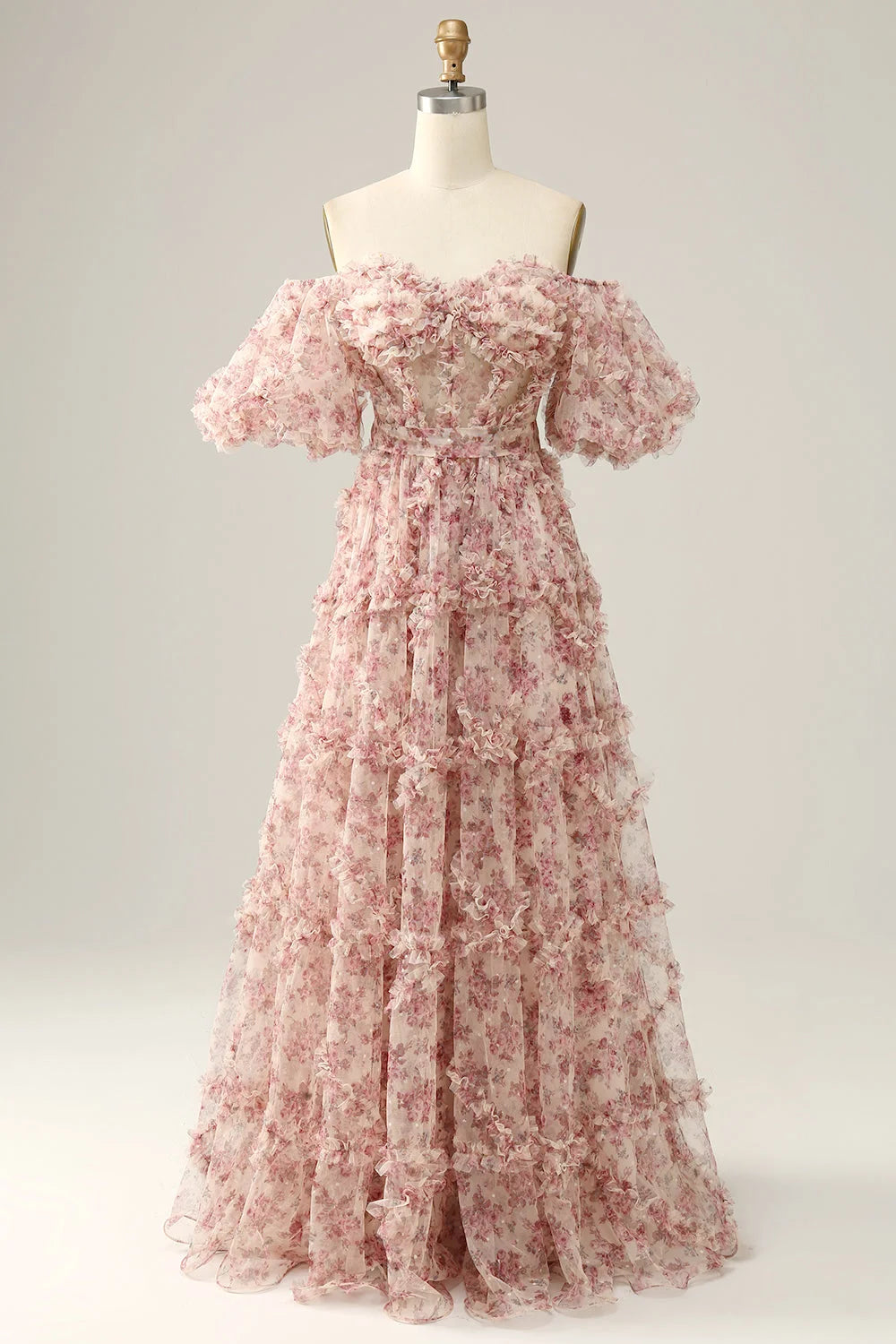 Elegant Off-the-Shoulder Pink Floral Corset Prom Dress with A-Line Silhouette and Sweep Train