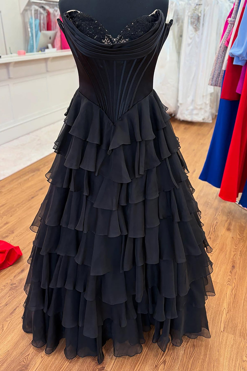 Black A-Line Long Chiffon Corset Prom Dress with Tiered Slit