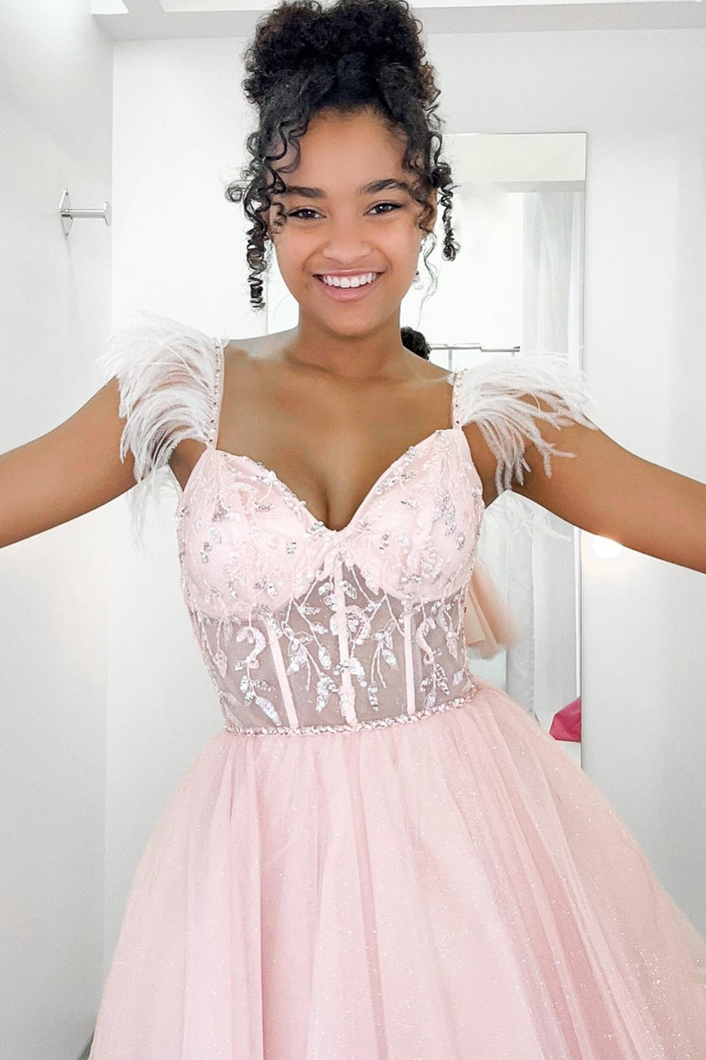 Glitter Pink A-Line Corset Tulle Short Homecoming Dress/Mini Dress with Feathers