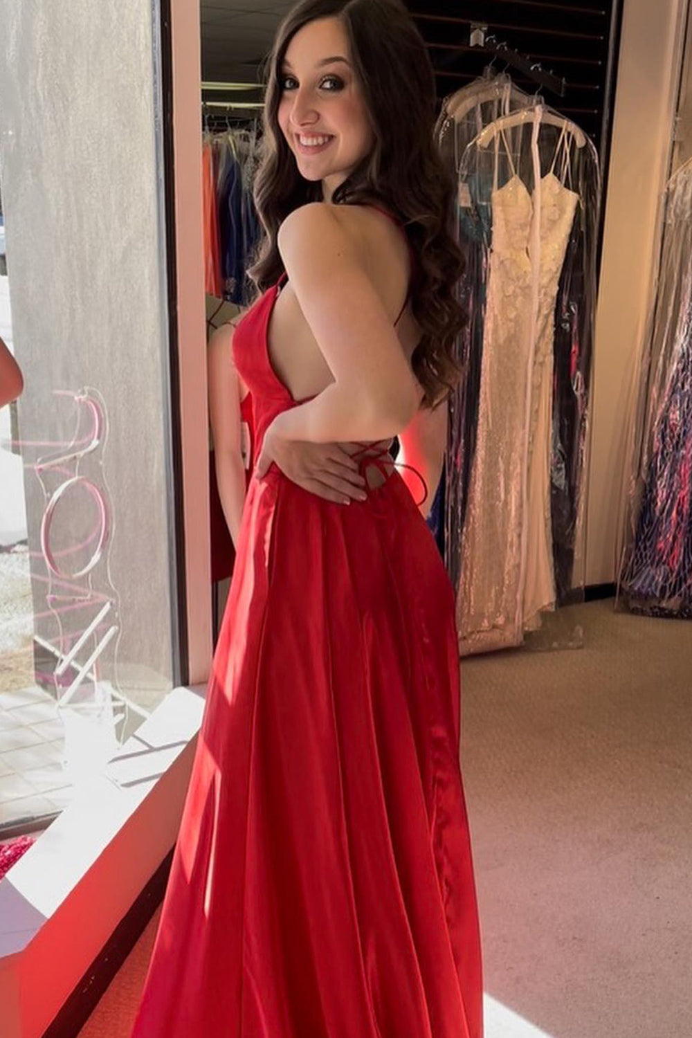 A Line Prom Dress in Royal Blue with Halter and Backless Design