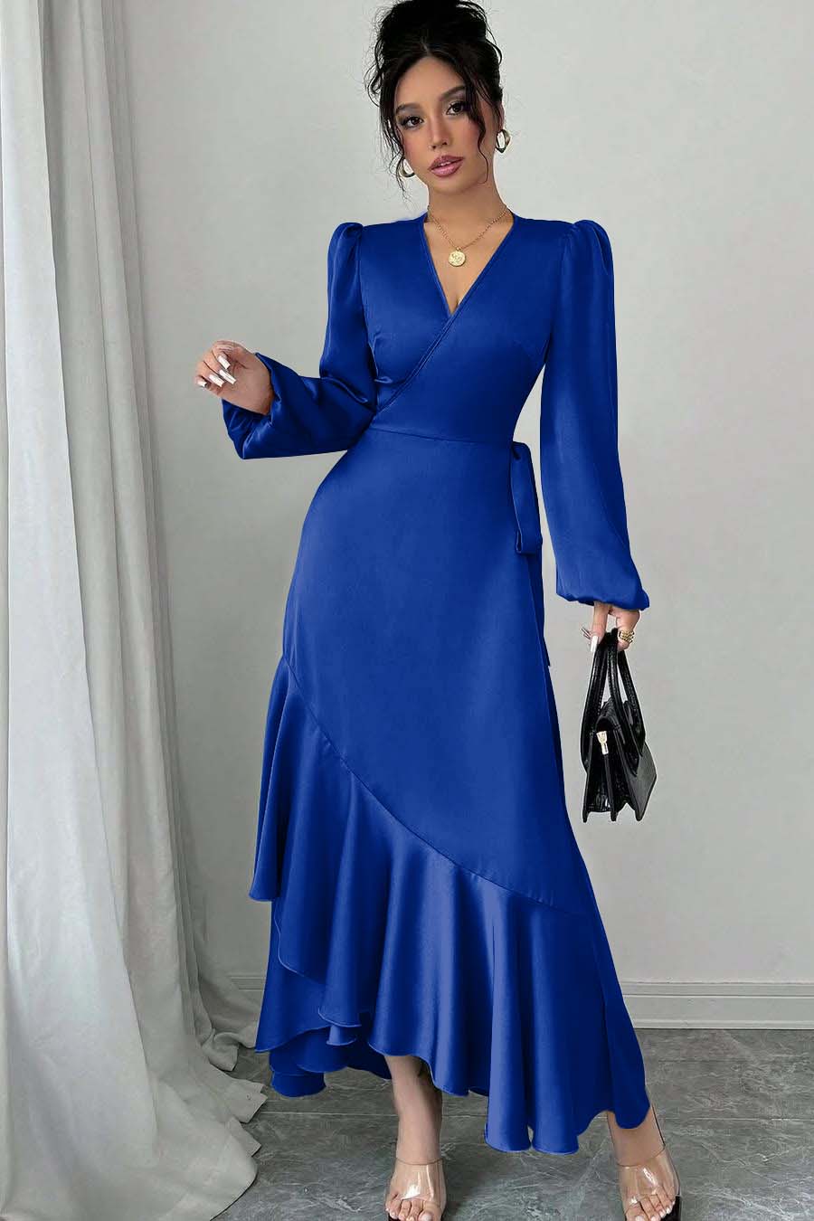 Shinning Long Sleeves V Neck Long Formal Dress With Ruffles Pleated