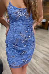 Sparkly Blue Sequined Beaded Backless Tight Short Homecoming Dress/Mini Dress