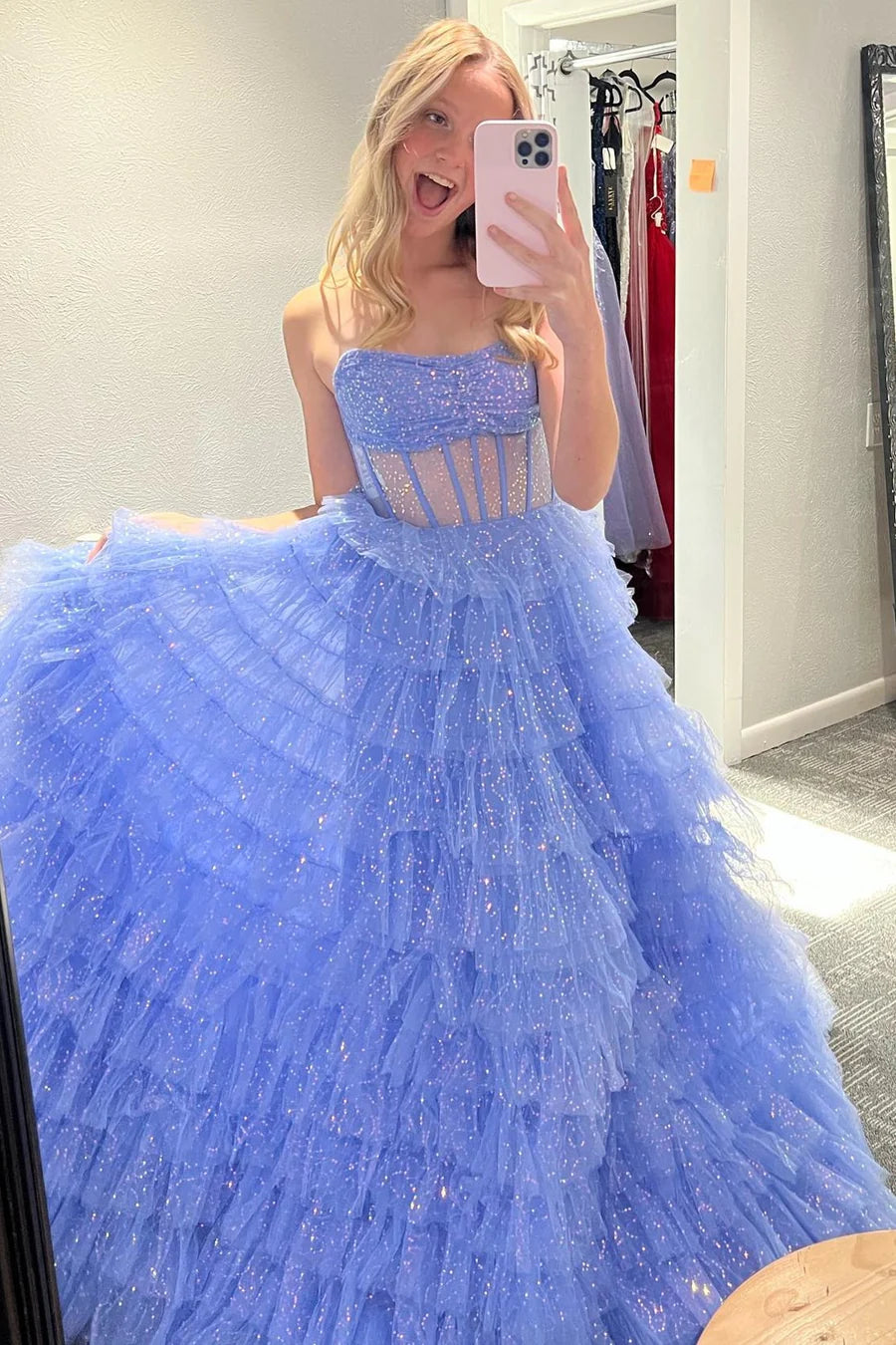 Strapless Long Prom Dress in Golden Tulle with Tiered Layers and Slit