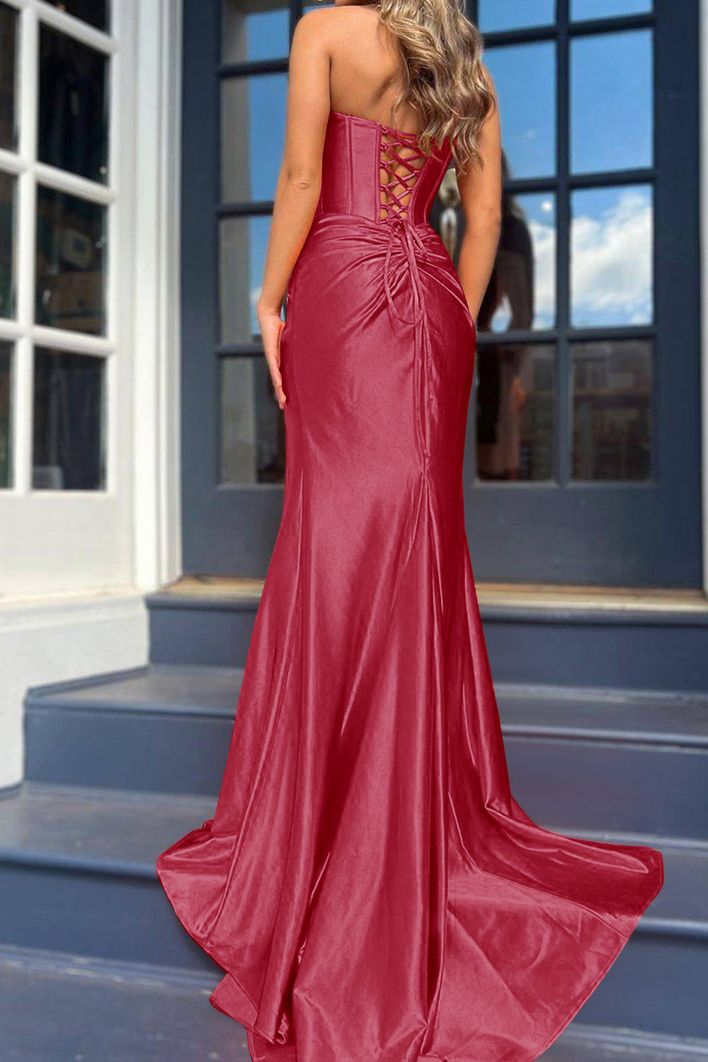 Orange Strapless Mermaid Corset Prom Dress Featuring a Front Split