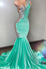 Light Blue One Shoulder Formal Dress Sliver Appliques With Trumpet