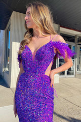 Purple Sequined Mermaid Prom Dress with Feathers and Off-Shoulder Cutouts