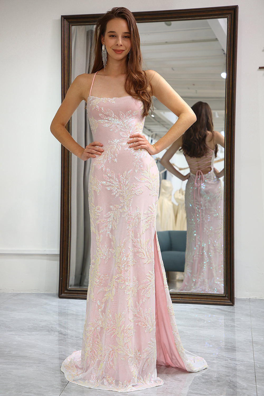 Elegant Pink Long Prom Dress with Chic Mermaid Silhouette and Criss Cross Back Spaghetti Straps