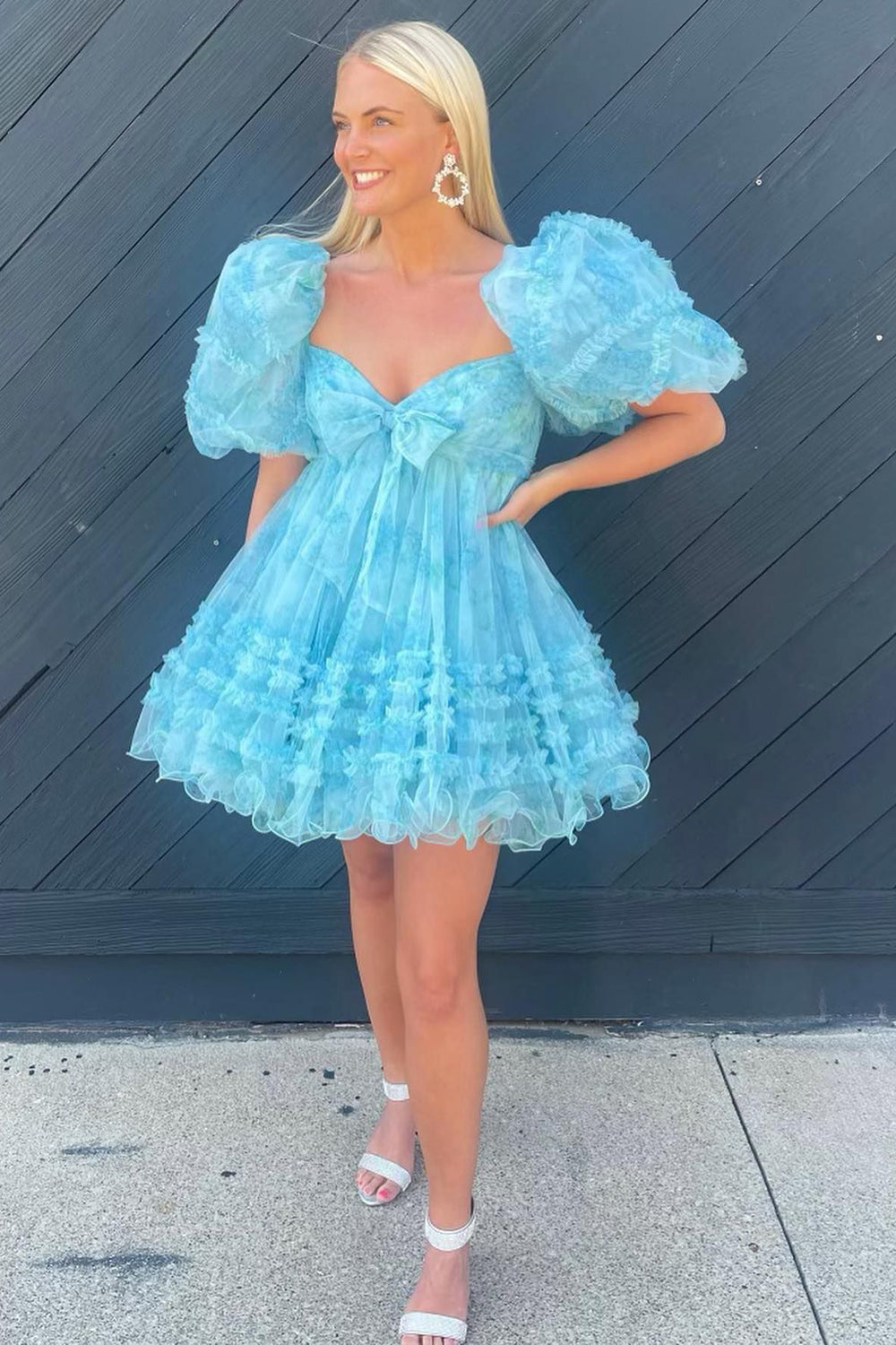 Blue Puff Sleeves A-Line Floral Short Homecoming Dress/Mini Dress with Ruffles