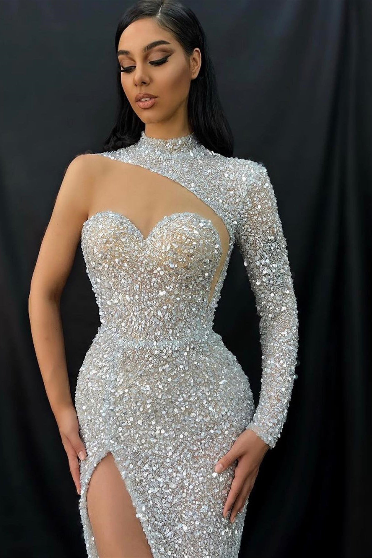 Long Sleeve One Shoulder High Collar Evening Dress Sweetheart With Split Sequins
