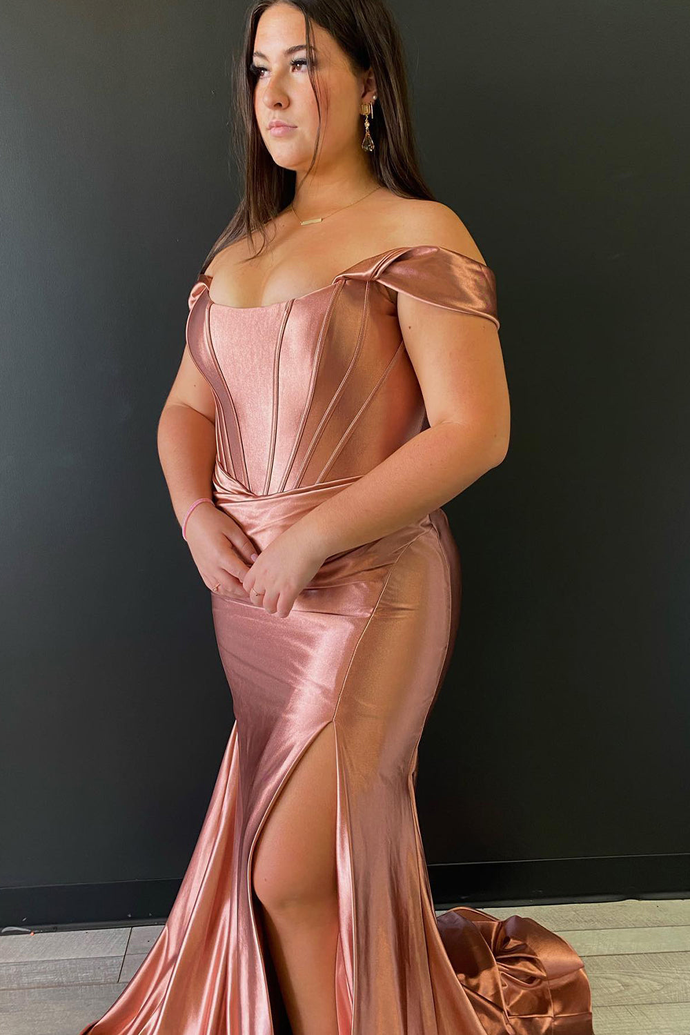 Long Off-the-Shoulder Black Prom Dress with Corset and Slit