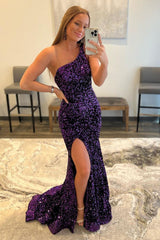 Sequined Mermaid Prom Dress in Dark Purple with One Shoulder