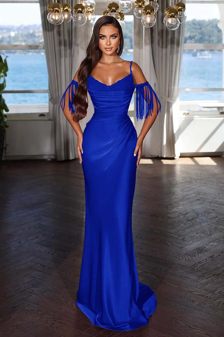 Luxury Hot Pink Spaghetti Strap Mermaid Long Evening Dress With Chic Tassels and Sequins