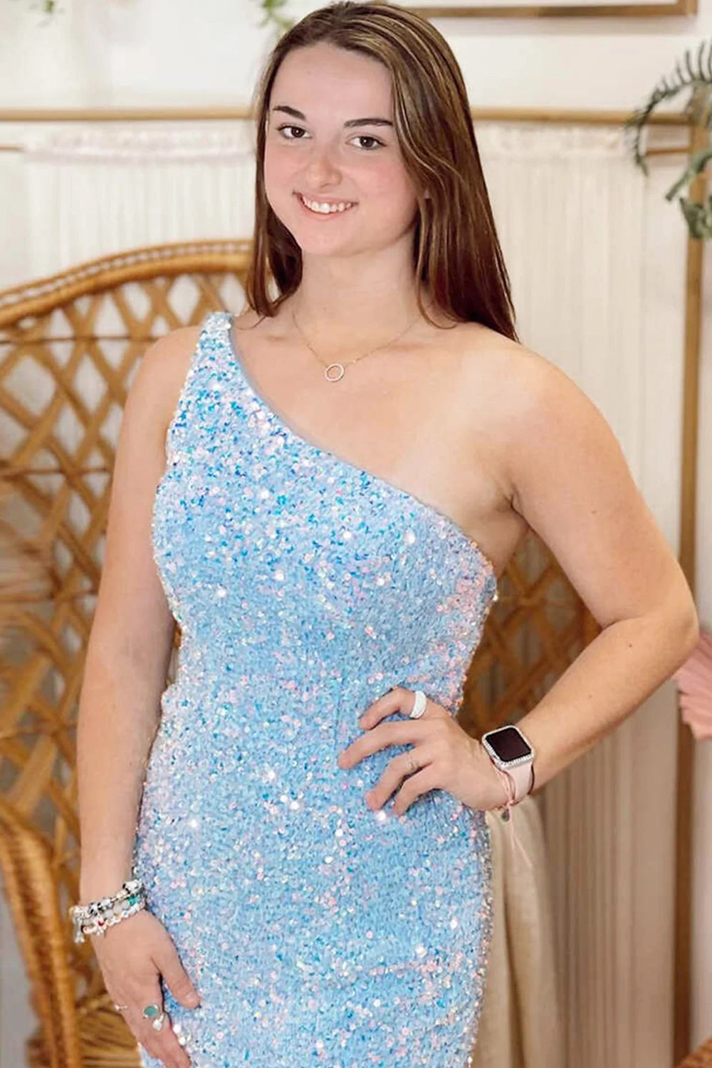 Fuchsia Sequins One Shoulder Homecoming Dress/Mini Dress