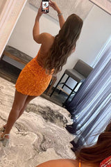 Orange Short Tight Homecoming Dress/Mini Dress with Lace Beading
