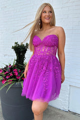 Sparkly Fuchsia Corset A-Line Tulle Short Homecoming Dress/Mini Dress with Lace
