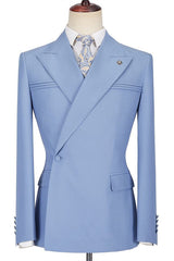 Glamorous Blue Casual Prom Suit Peaked Lapel with Ruffles for Guys