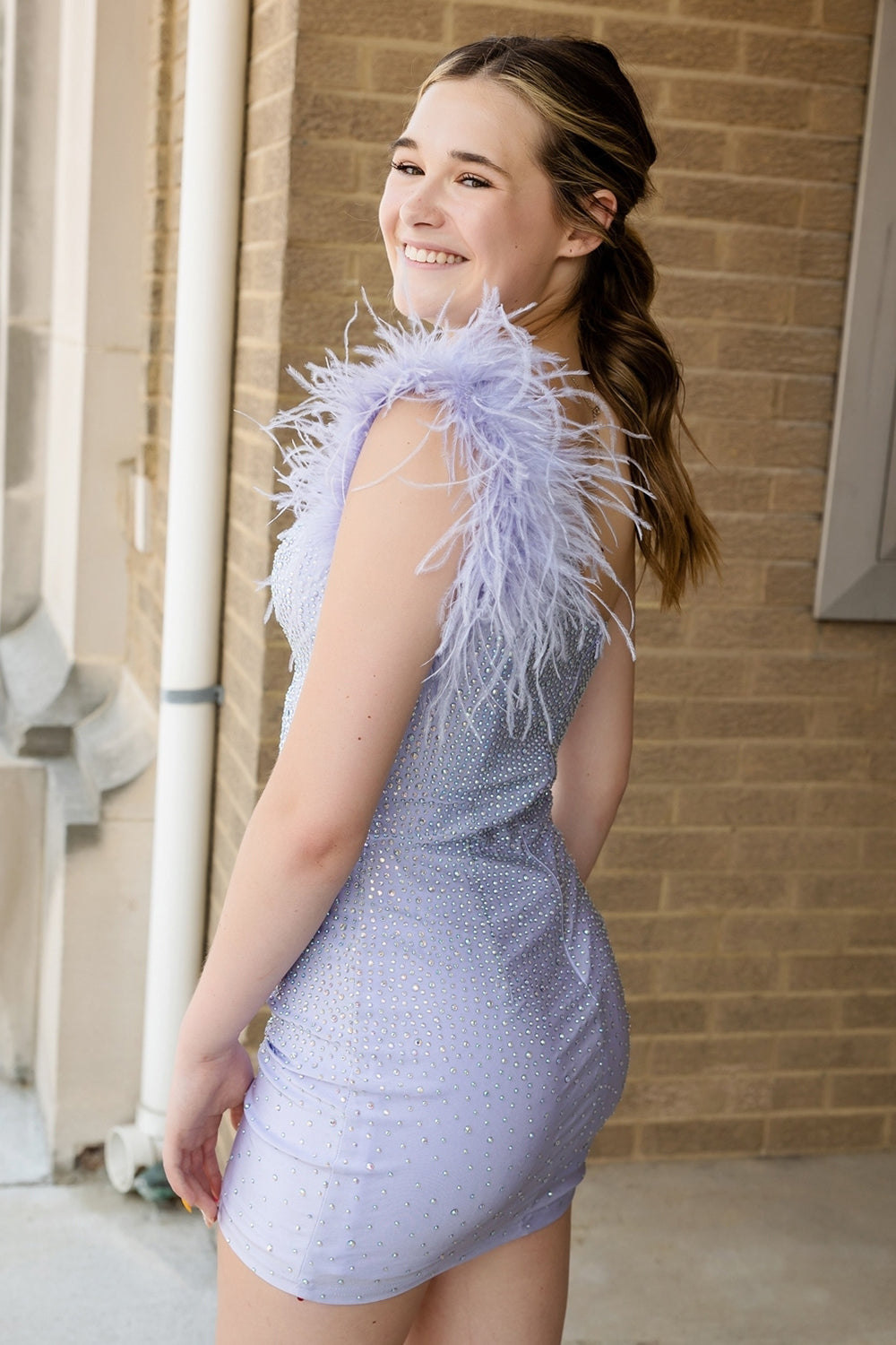 Sparkly Lilac Beaded One Shoulder Tight Short Homecoming Dress/Mini Dress with Feathers
