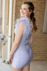 Sparkly Lilac Beaded One Shoulder Tight Short Homecoming Dress/Mini Dress with Feathers