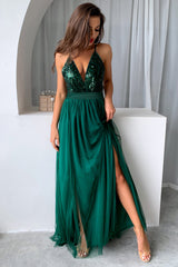 Sequin Party Dress with Green V-neck
