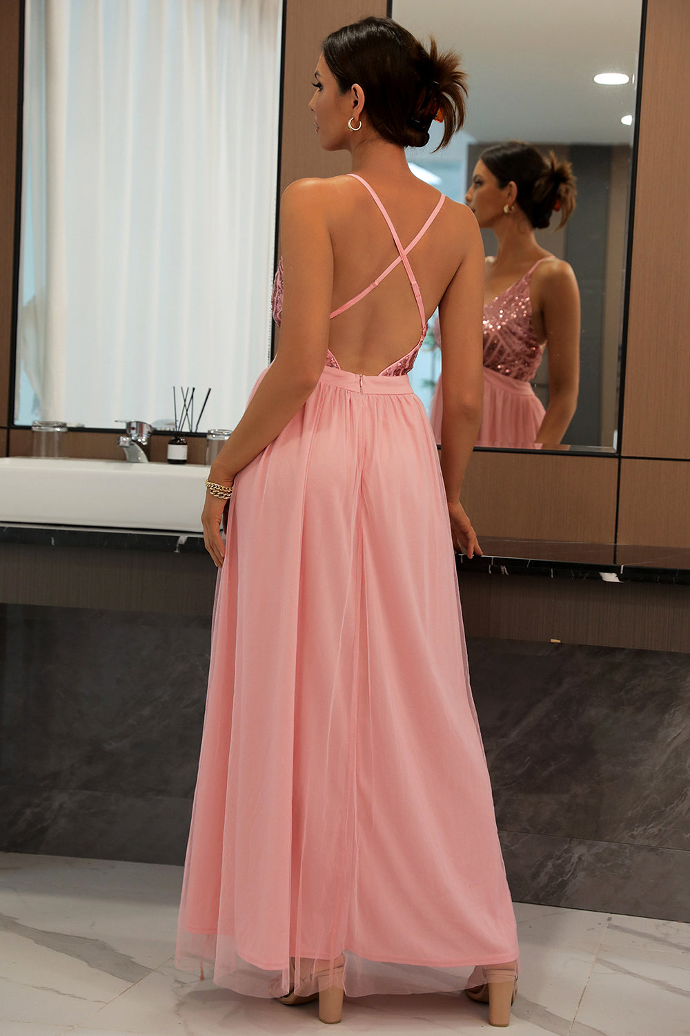 Sequin Party Dress with Green V-neck