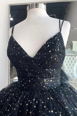 Long Black Prom Dress with High Low Hem and Spaghetti Straps Featuring Ruffles