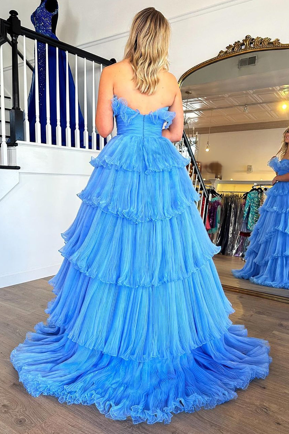 Elegant Blue Strapless A-Line Prom Gown with Ruffled Details