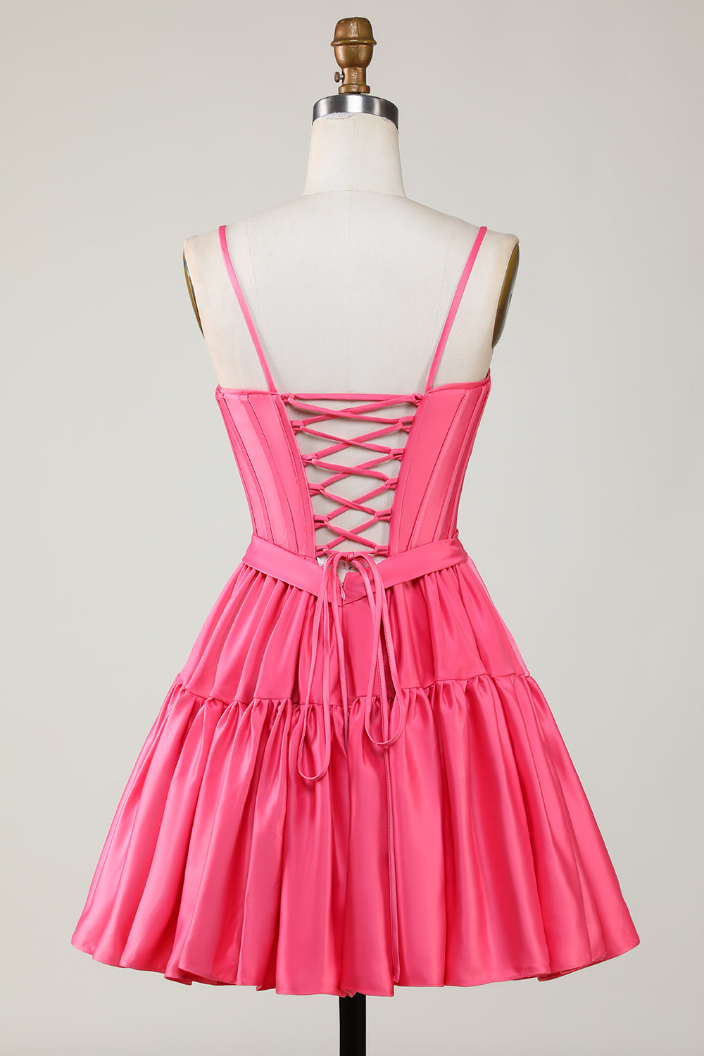 Fuchsia Spaghetti Straps Lace-Up Back A-Line Short Satin Homecoming Dress/Mini Dress