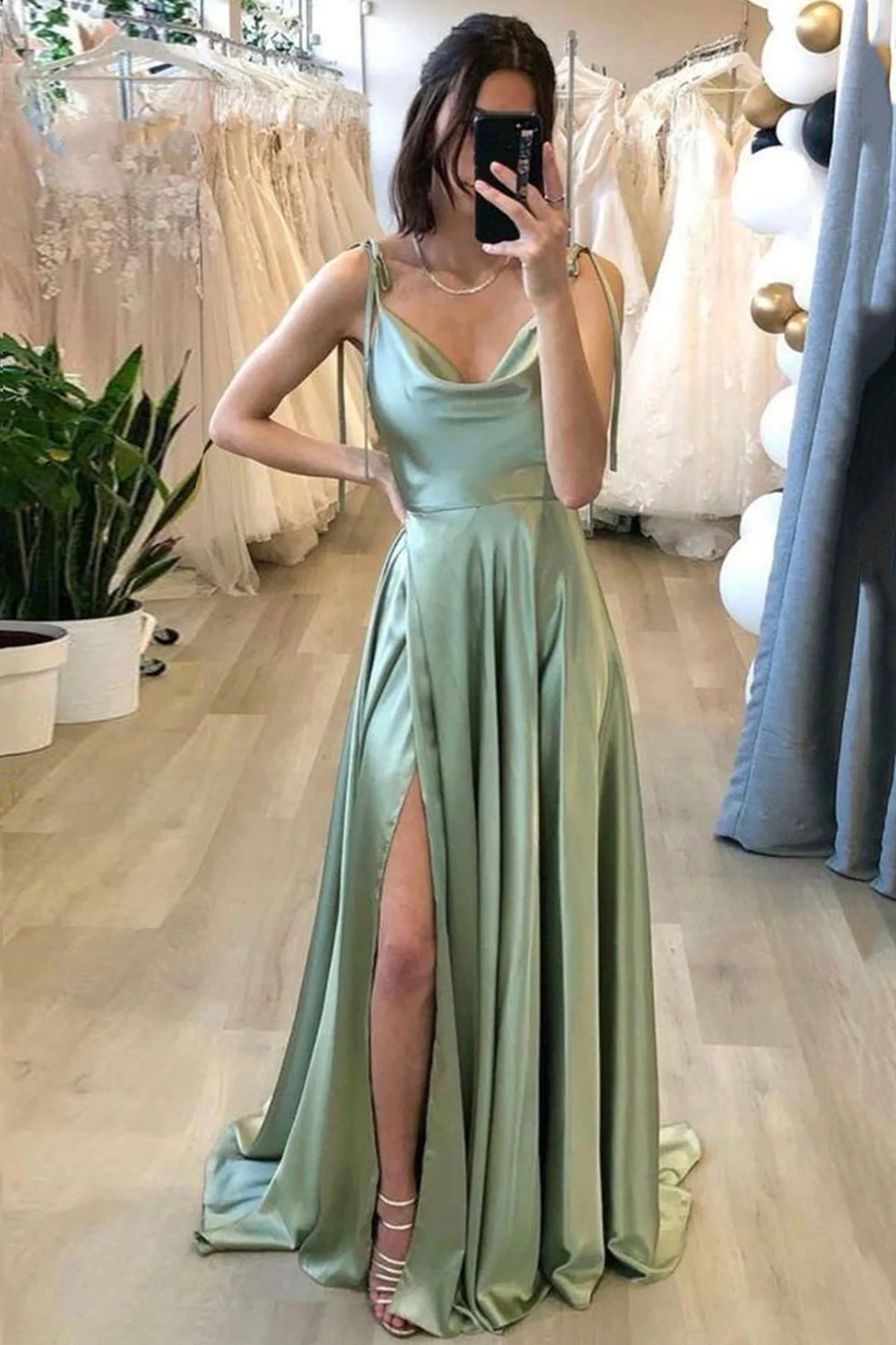 Light Green Long Prom Dress with Silt and A-Line Spaghetti Straps