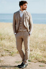 Classic Khaki Linen Summer Beach Men's Suits Three-Piece Groom Wedding Tuxedos