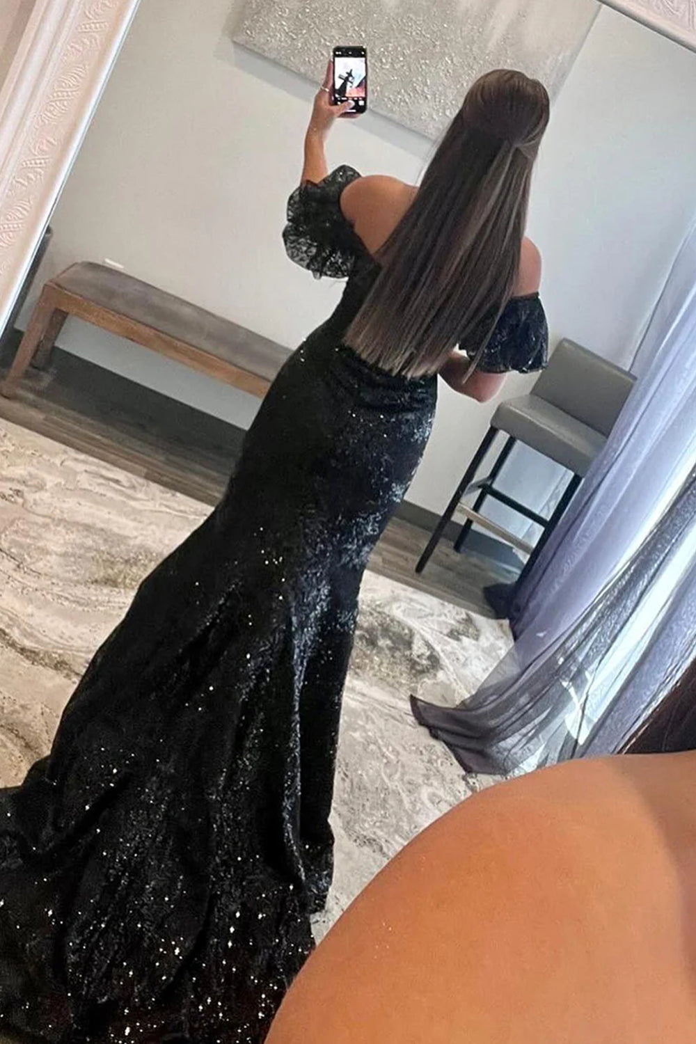 Long Off-the-Shoulder Prom Dress with Sparkly Black Sequins