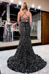 Black Mermaid Prom Dress with Sequins Lace-up Back and Slit