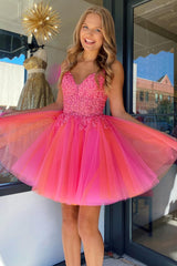 Hot Pink A-Line Tulle Short Homecoming Dress/Mini Dress with Lace