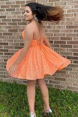 Sparkly Orange Sequins A-Line Short Homecoming Dress/Mini Dress with Pockets