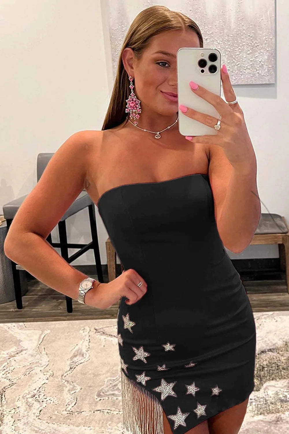 Pink Tight Homecoming Dress/Mini Dress with Star and Fringes