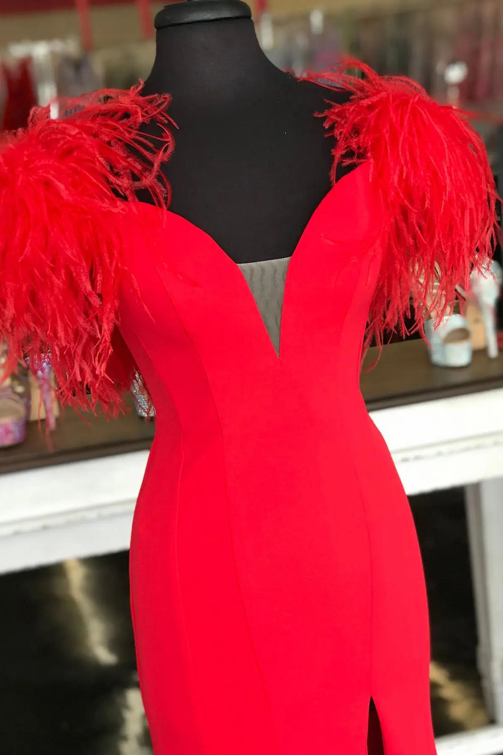 Long Red Prom Dress with Mermaid V Neck and Feathers
