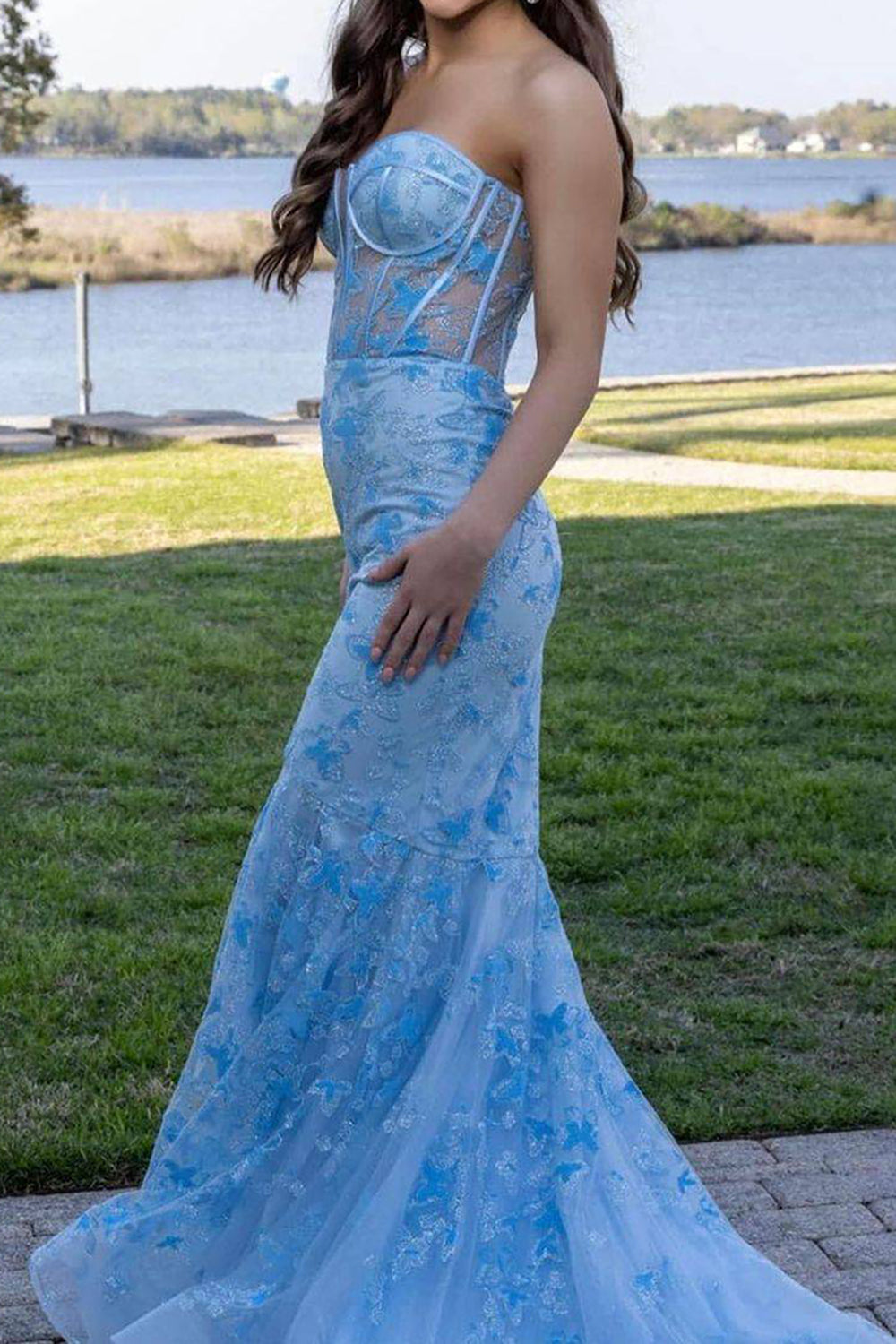 Elegant Blue Mermaid Sweetheart Corset Prom Dress Featuring Embroidery