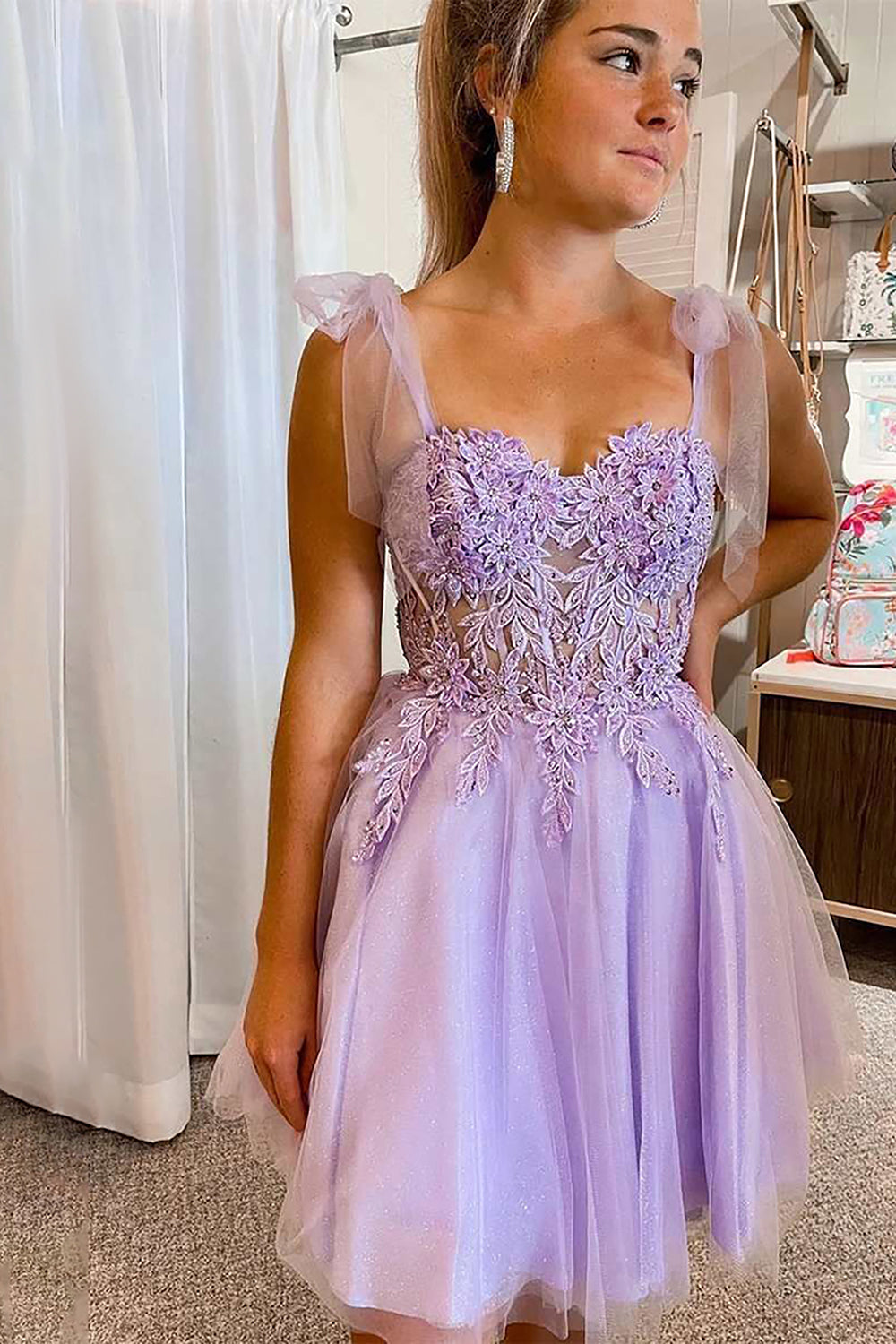 Purple Corset A-Line Tulle Short Homecoming Dress/Mini Dress with Lace