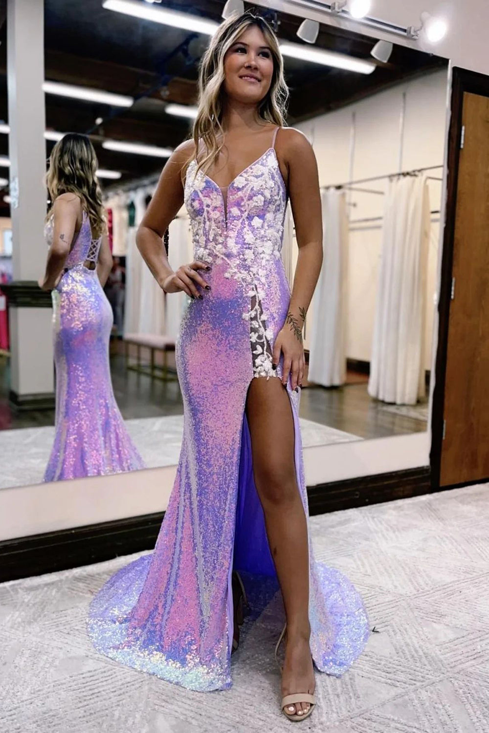 Long Purple Sequined Prom Dress with Mermaid Spaghetti Straps and Front Split