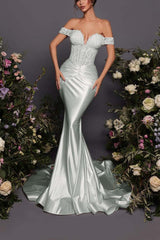 Off The Shoulder Sleeveless Long Mermaid Formal Dress With Pleated