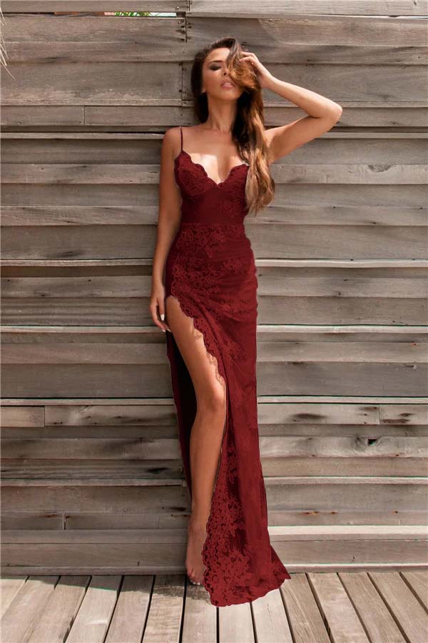 Spaghetti-Strap Lace Evening Dress With Slit