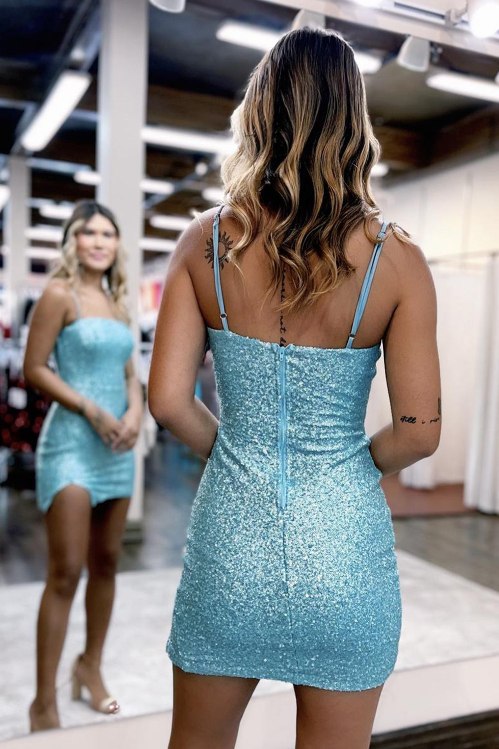 Sparkly Blue Sequins Tight Short Homecoming Dress/Mini Dress with Slit