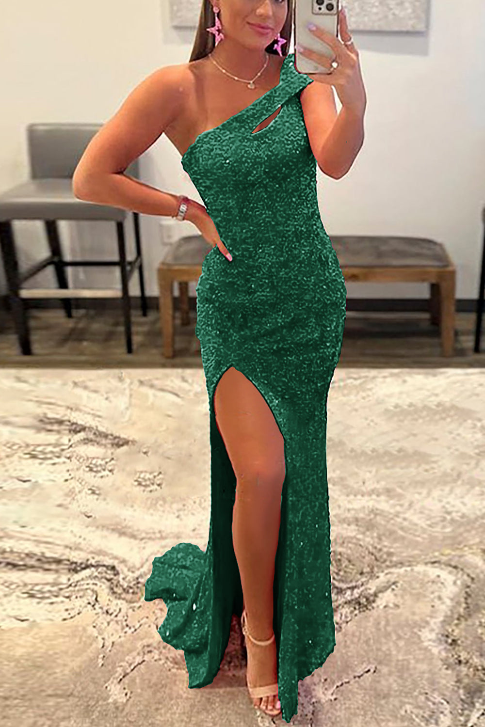 Sequined One-Shoulder Prom Dress in Fuchsia