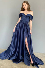 Navy Long Prom Dress with Off-the-Shoulder A Line and Front Split
