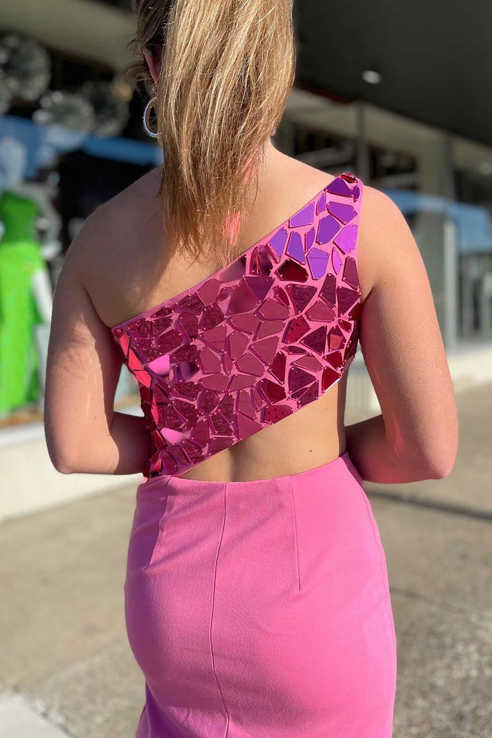 Pink Mermaid Prom Dress with One Shoulder and Front Cut Out Split