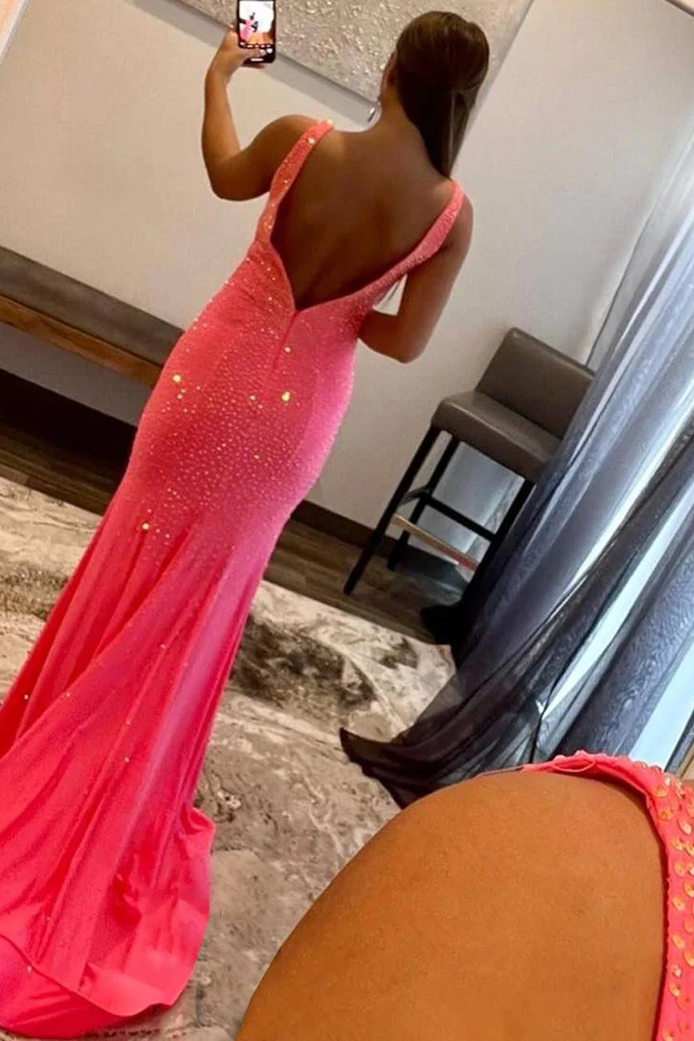 Royal Blue Beaded Long Prom Dress with Mermaid Deep V Neckline