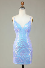 Glitter Blue Sequins Tight Short Homecoming Dress/Mini Dress