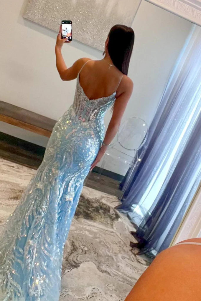 Elegant Blue Mermaid Corset Prom Dress with Sequins and Spaghetti Straps