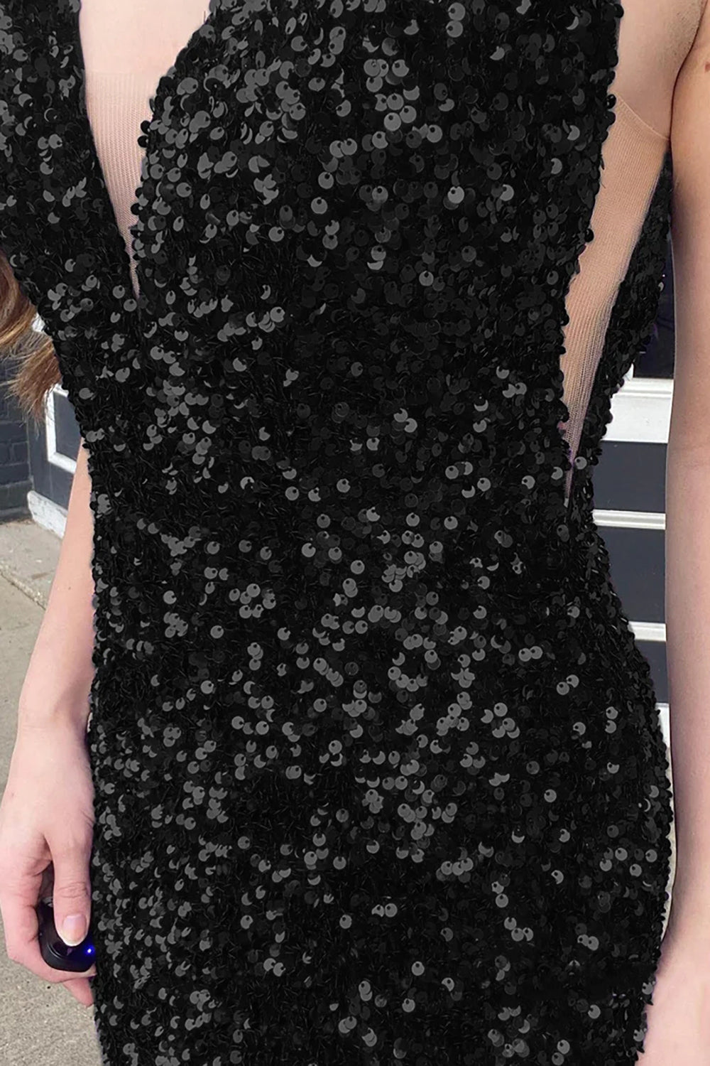 Black Sequined Long Prom Dress with Mermaid Deep V Neckline