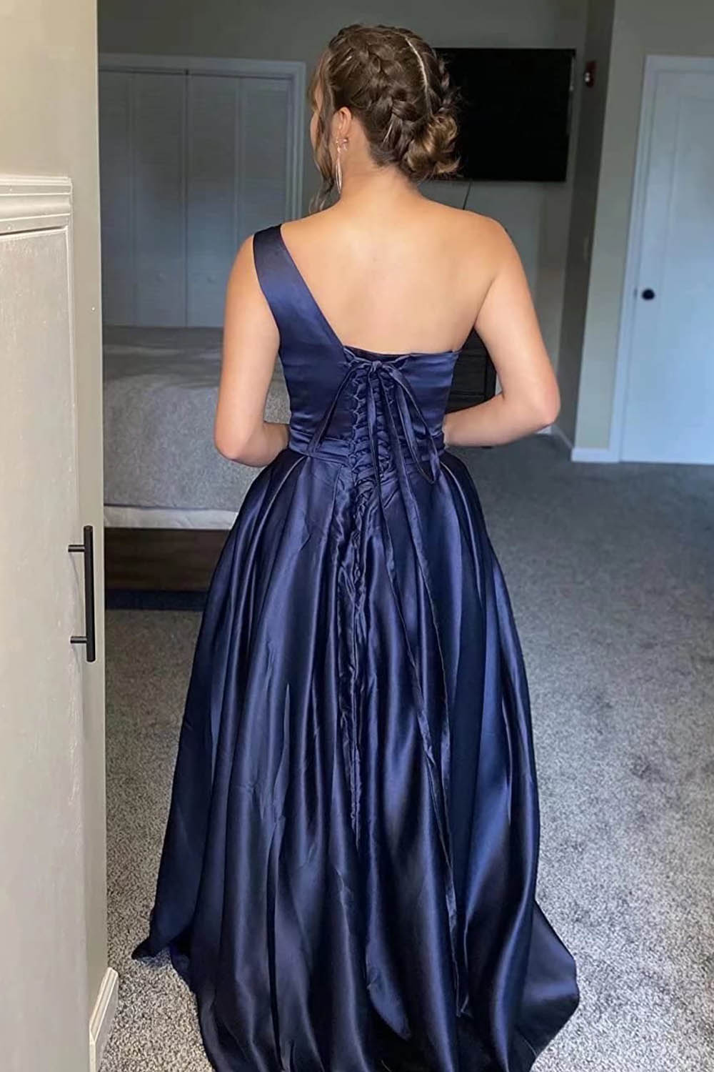 Champagne One Shoulder A-Line Long Prom Dress with Slit